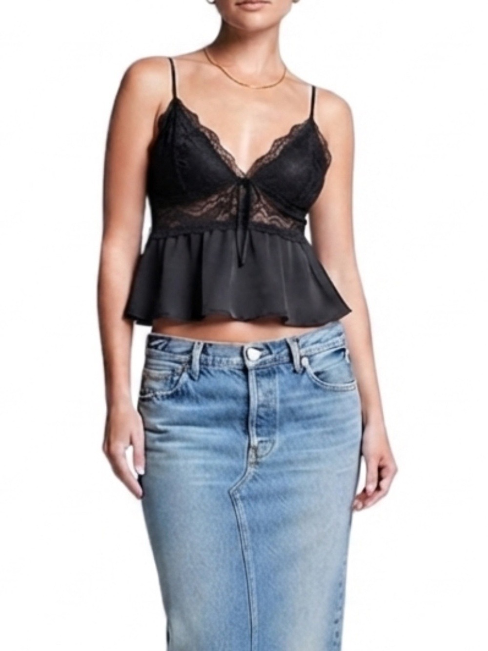 Victorias Secret black silky satin lace cropped babydoll Y2K style cami top L